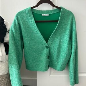Zara Green Cropped Cardigan Sweater